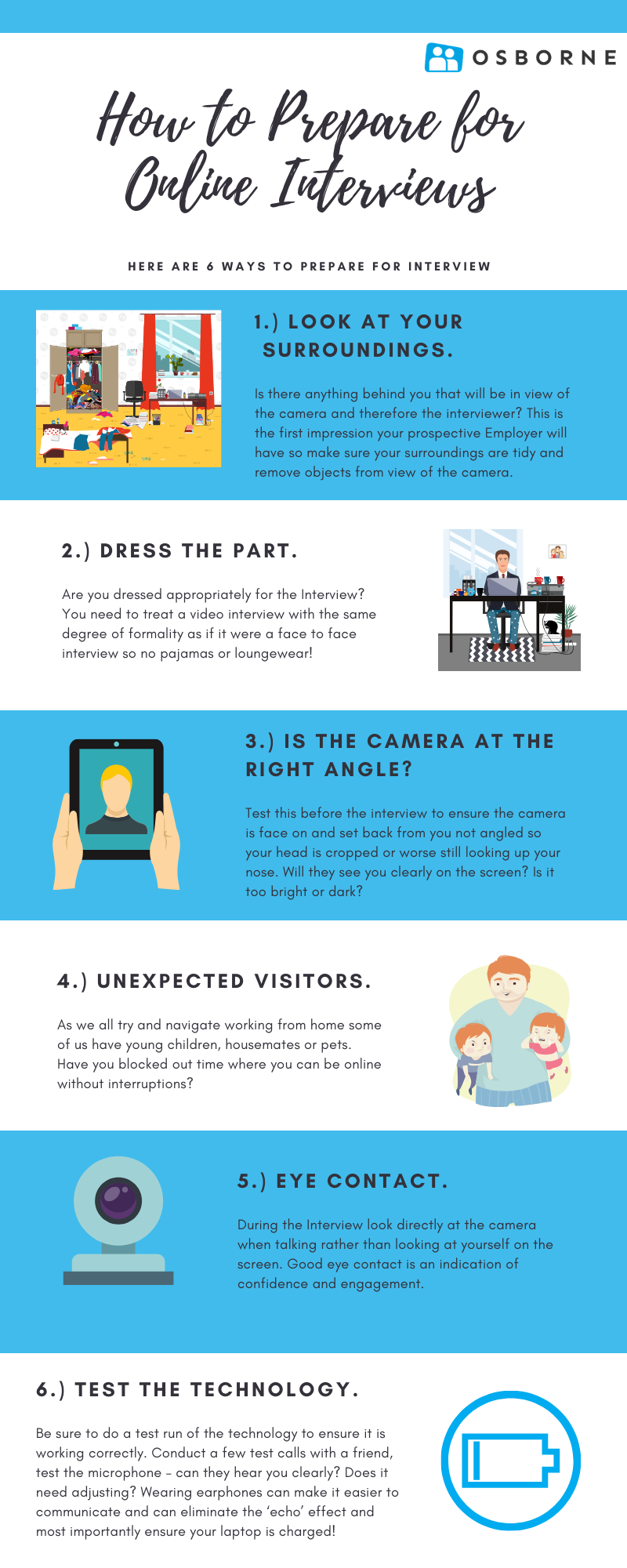 How to prepare for an online interview top tips infographic.